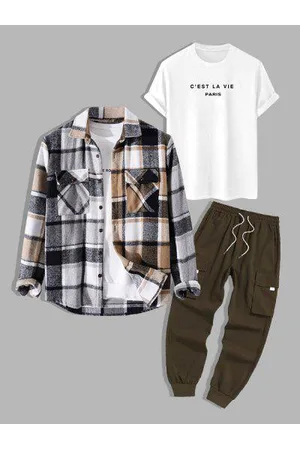 Zaful Hombre Cargo - 3Pcs Outfits Plaid Flannel Shirt and Printed Casual T-shirt and Techwear Cargo Pants Set